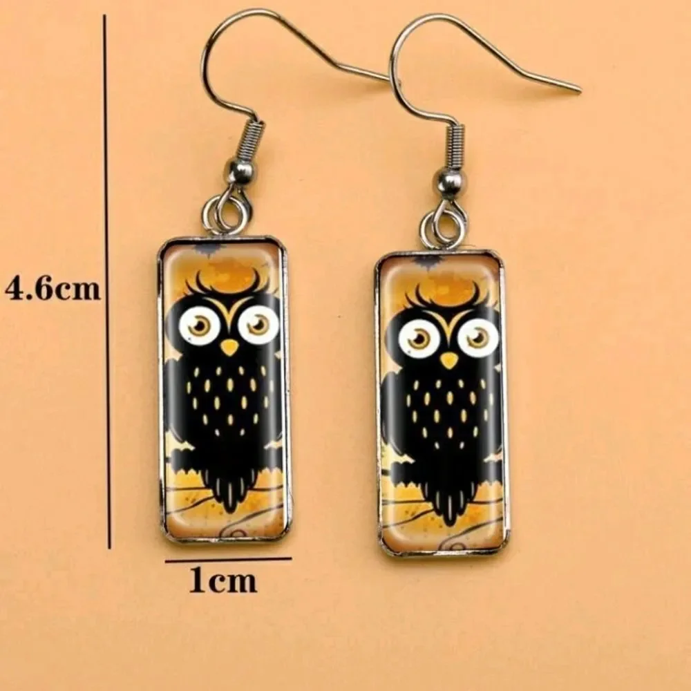 Owl Design Dangling Rectangular Hook Earrings - Picture 5 of 7